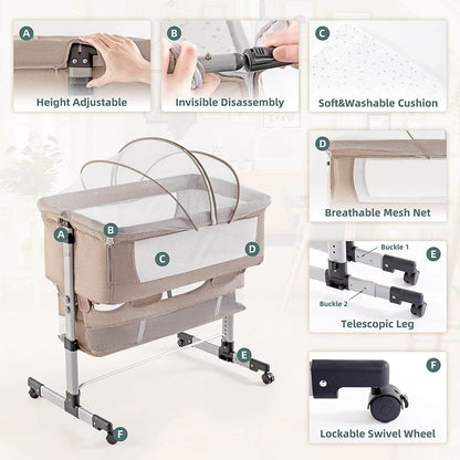 Adjustable Baby Bassinet with Mattress,Easy Folding Baby Crib, Khaki