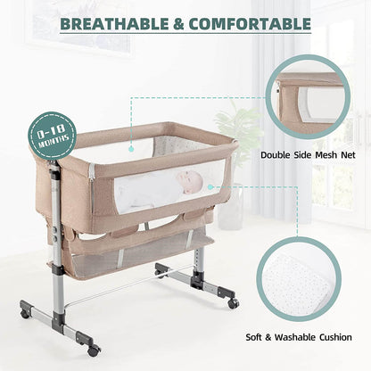 Adjustable Baby Bassinet with Mattress,Easy Folding Baby Crib, Khaki
