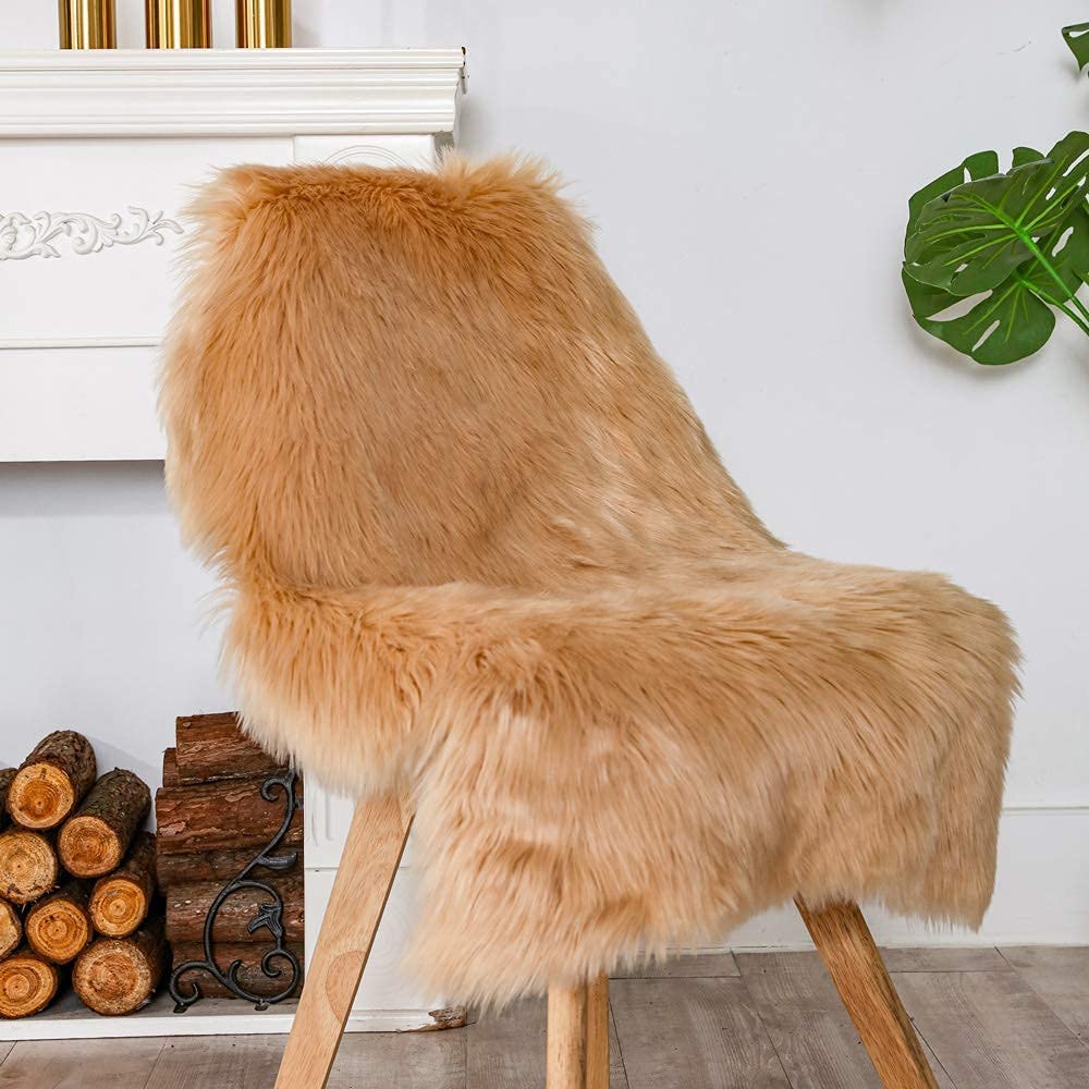 Soft Faux Sheepskin Chair Cover Seat Rugs for Bedroom, Khaki