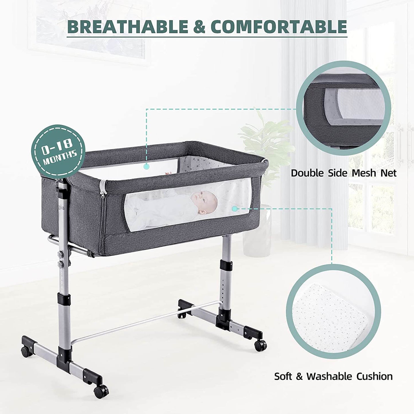 Baby Bassinet with Mattress,Easy Folding Baby Crib, Grey