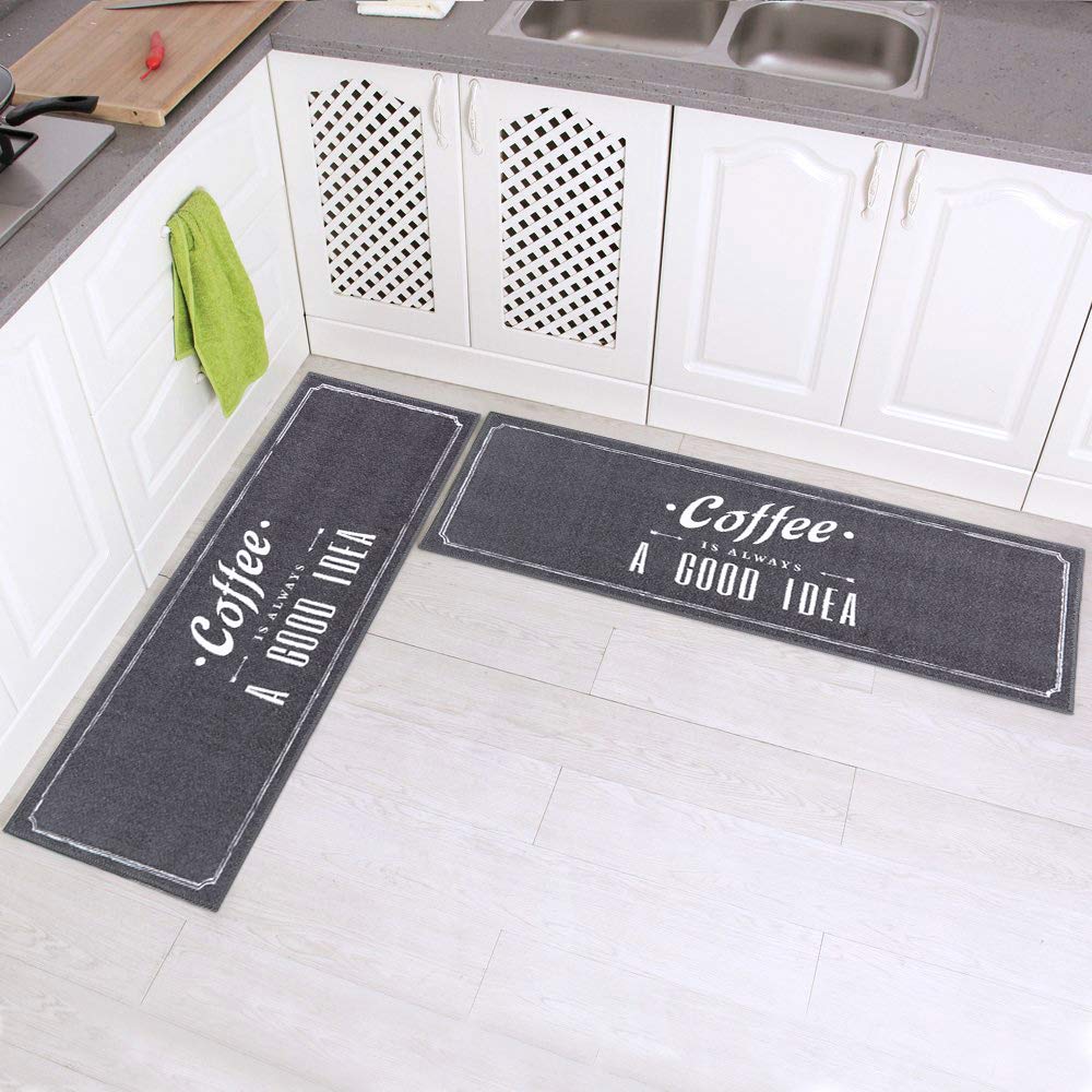 2 Pieces Non-Slip Kitchen Mat Set Rubber Backing Doormat Runner Rug Set-(Grey 15"x47"+15"x47")