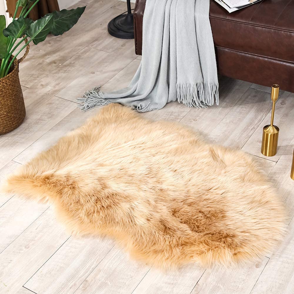 Soft Faux Sheepskin Chair Cover Seat Rugs for Bedroom, Khaki