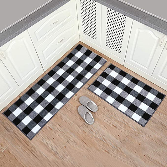 Buffalo Plaid Check Rug Set For Kitchen and Doormat (Black&White)