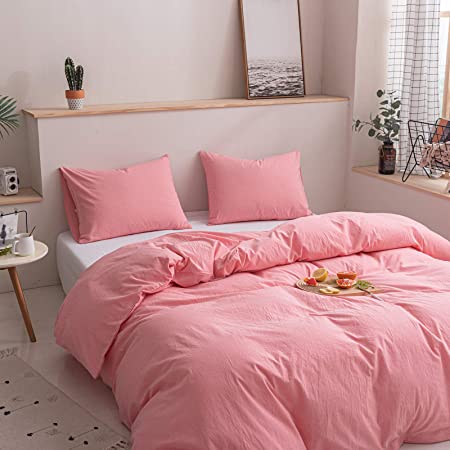 Husă de confort 100% bumbac spălat, aspect natural șifonat, cu închidere cu fermoar și legături de colț, roz, Queen/King Size 