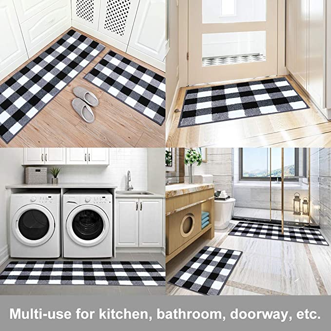Buffalo Plaid Check Rug Set For Kitchen and Doormat (Black&White)
