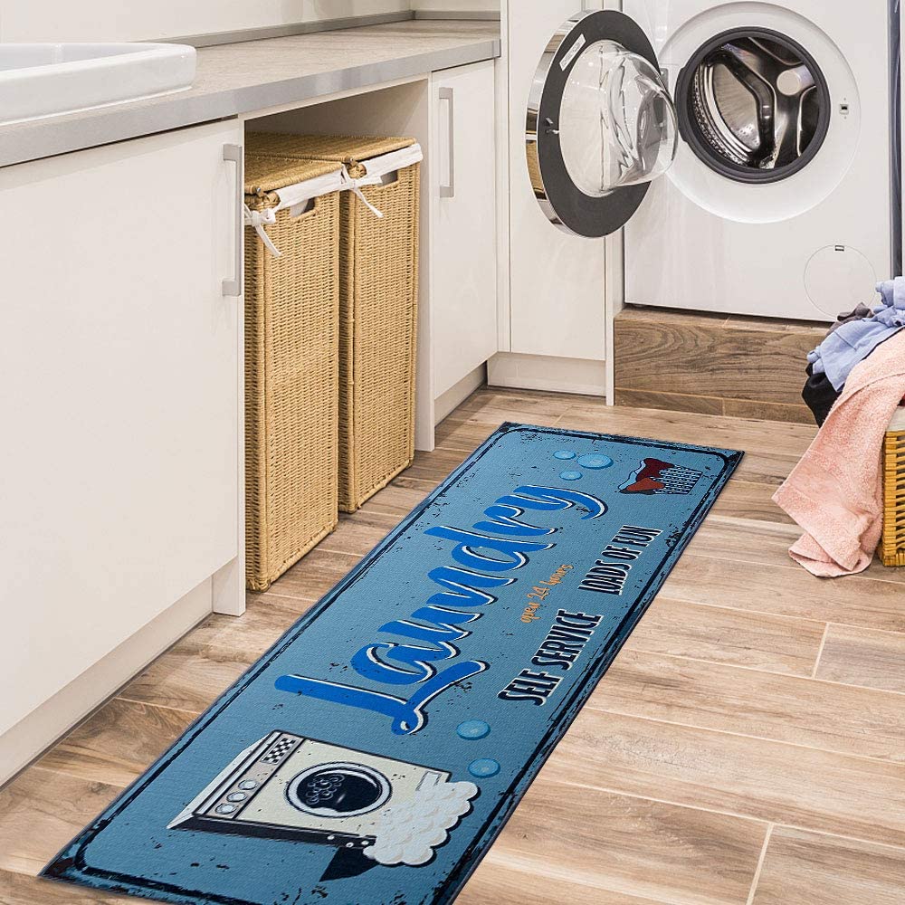 Laundry Room Decorative Printed Runner Rug (20"x59", Blue ,Rust)