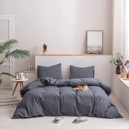 100% Washed Cotton Comforter Cover, Natural Wrinkled Look with Zipper Closure & Corner Ties, Grey, Queen/King Size