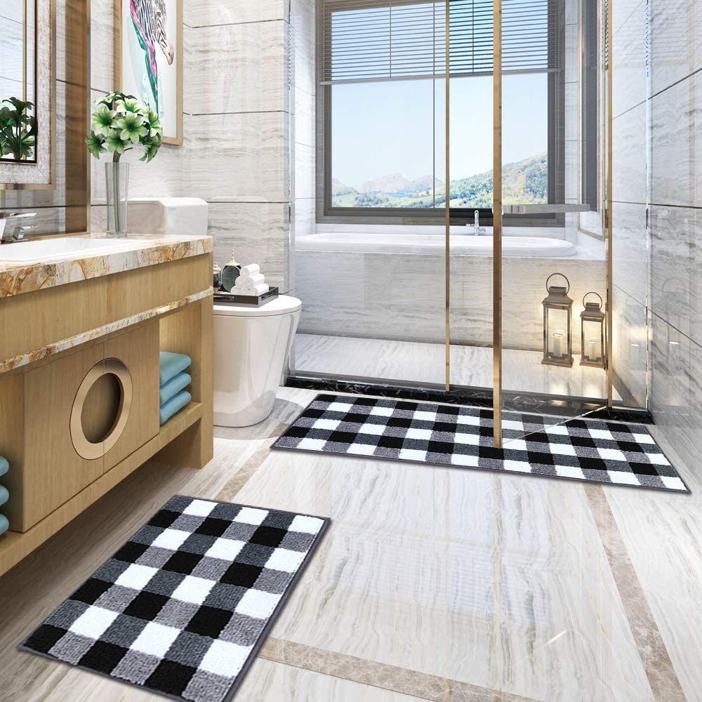Buffalo Plaid Check Rug Set For Kitchen and Doormat (Black&White)