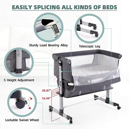 Baby Bassinet with Mattress,Easy Folding Baby Crib, Grey