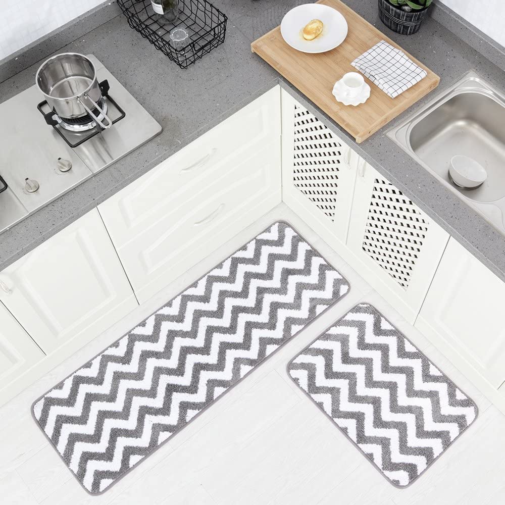 2 Pieces Microfiber Chevron Non-Slip Soft Kitchen Mat Bathroom Rug Set