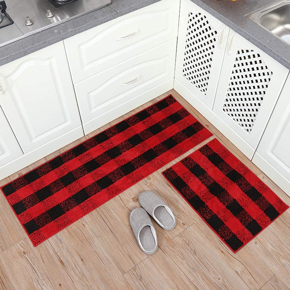 Buffalo Plaid Check Rug Set For Kitchen and Doormat (Black&Red)