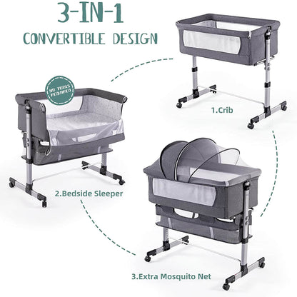Baby Bassinet with Mattress,Easy Folding Baby Crib, Grey