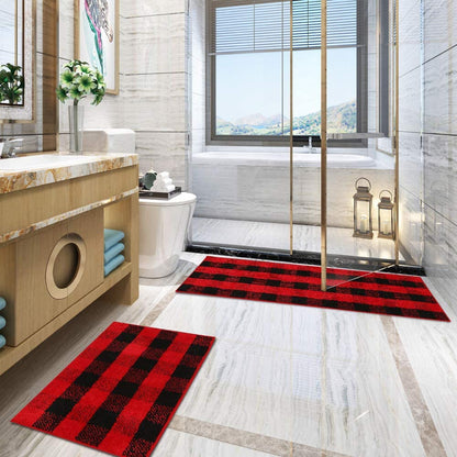Buffalo Plaid Check Rug Set For Kitchen and Doormat (Black&Red)
