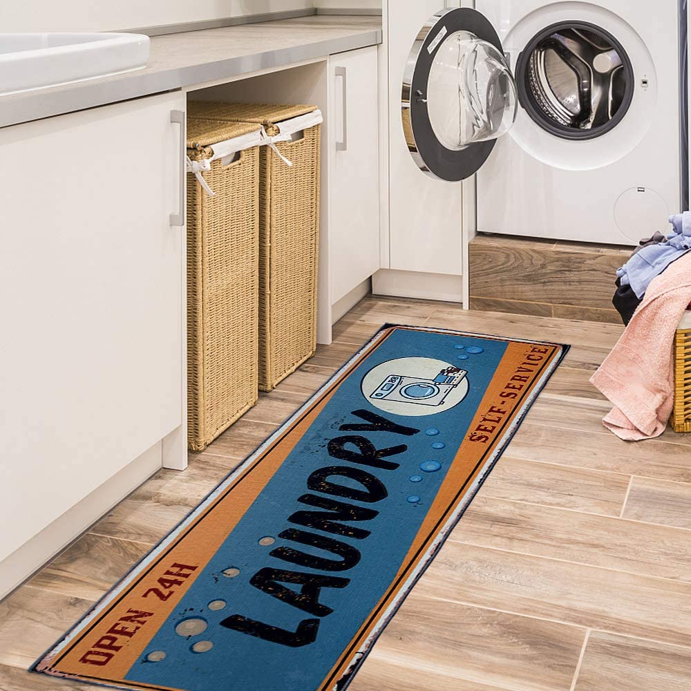 Laundry Room Decorative Printed Runner Rug (20"x59", Blue ,Orange)