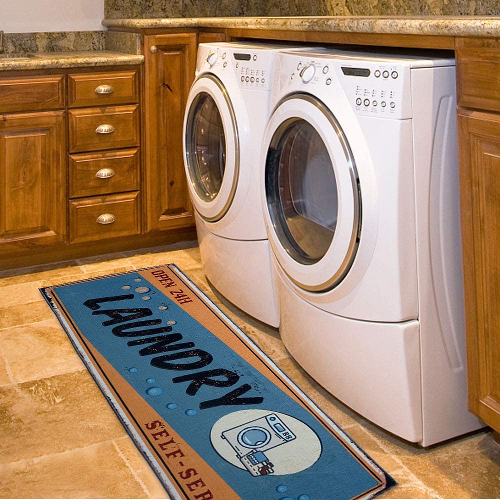 Laundry Room Decorative Printed Runner Rug (20"x59", Blue ,Orange)