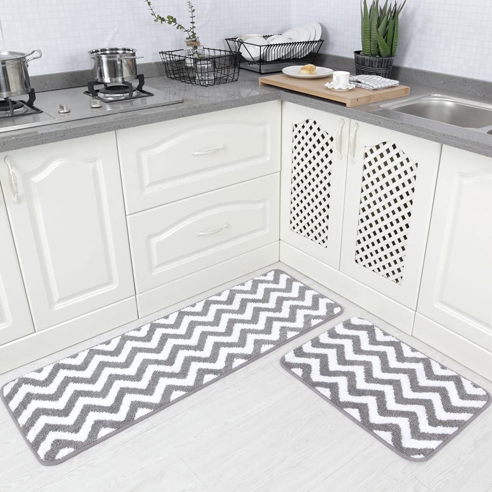 2 Pieces Microfiber Chevron Non-Slip Soft Kitchen Mat Bathroom Rug Set