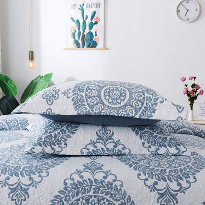 Microfiber Quilt Set Quilted Bedspread Lightweight Coverlet Set Blue Floral Printed Oversized Quilted Bedding Set with Shams