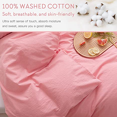 100% Washed Cotton Comforter Cover, Natural Wrinkled Look with Zipper Closure & Corner Ties, Pink, Queen/King Size
