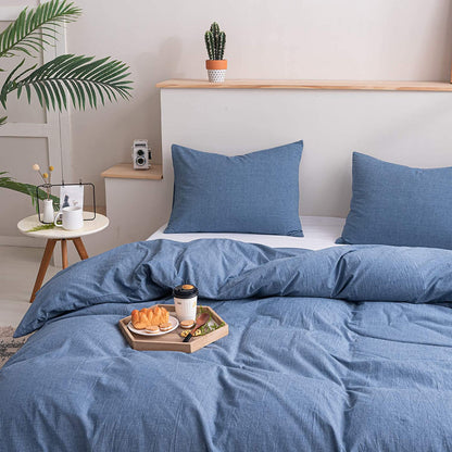 100% Washed Cotton Comforter Cover, Natural Wrinkled Look with Zipper Closure & Corner Ties, Blue, Queen/King Size