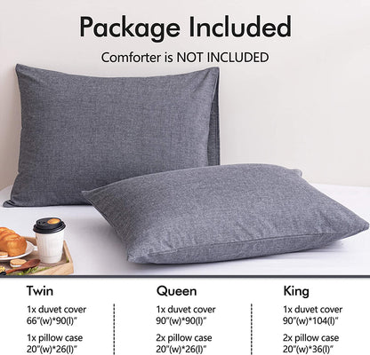 100% Washed Cotton Comforter Cover, Natural Wrinkled Look with Zipper Closure & Corner Ties, Grey, Queen/King Size