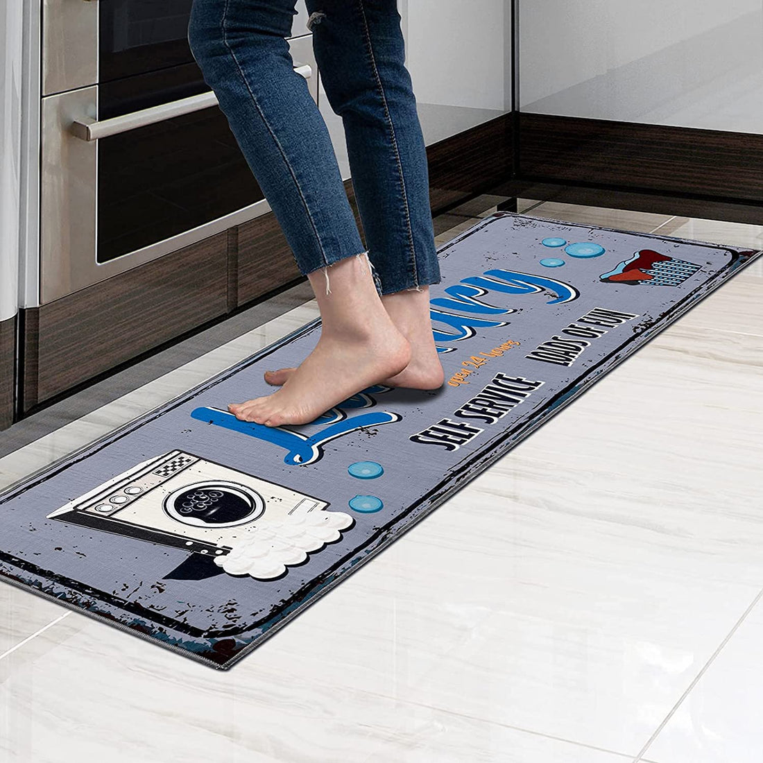 Laundry Room Decorative Printed Runner Rug (20"x59", Grey ,Blue)