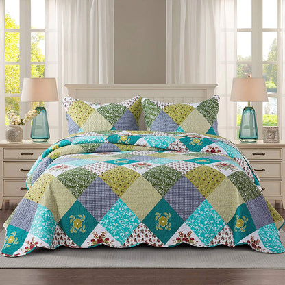 Microfiber Bedspread Quilt Sets Floral Patchwork Lightweight Coverlet Set with Shams Reversible Quilted Bedding Set