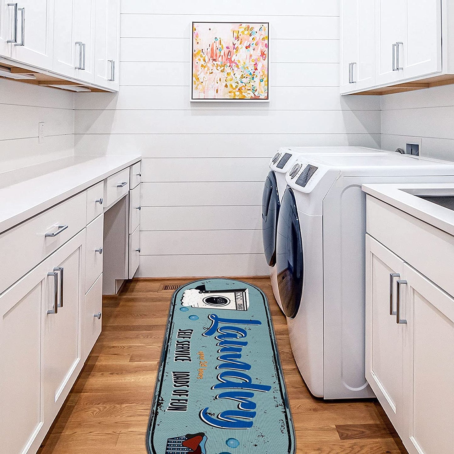Oval Laundry Room Decorative Printed Runner Rug, Mint & Blue, 20"x59"