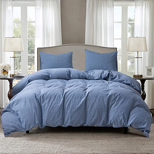 100% Washed Cotton Comforter Cover, Natural Wrinkled Look with Zipper Closure & Corner Ties, Blue, Queen/King Size