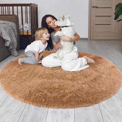 Super Soft Shaggy Area Rugs Round Fluffy Circular Bedside Carpet-4ft Diameter, Khaki