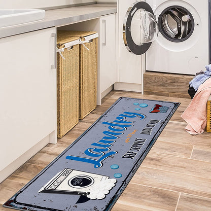 Laundry Room Decorative Printed Runner Rug (20"x59", Grey ,Blue)