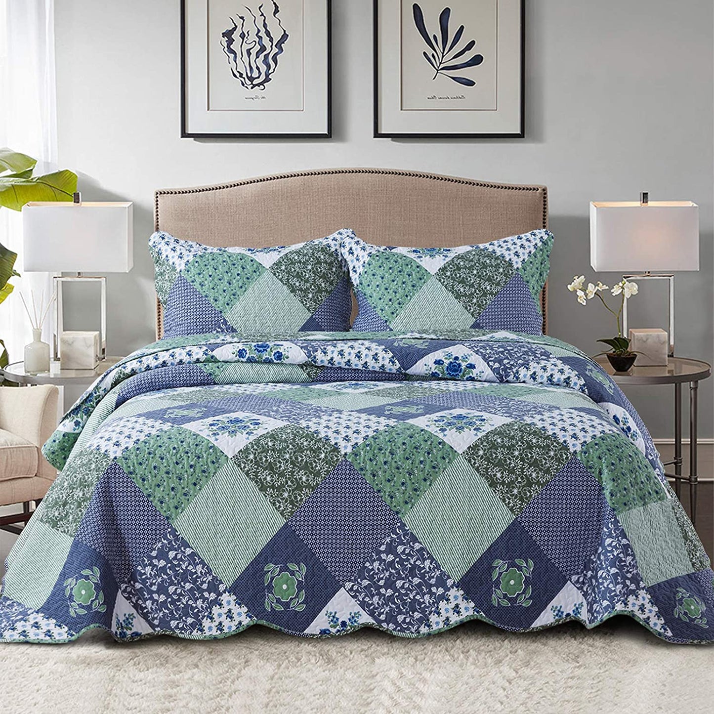 Microfiber Bedspread Quilt Sets Floral Patchwork Lightweight Coverlet Set with Shams Reversible Quilted Bedding Set