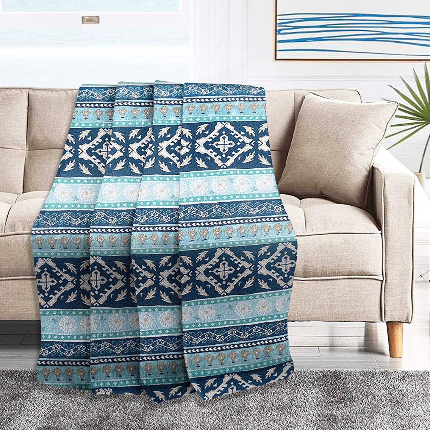 Quilted Throw Blanket for Bed Couch Sofa, Boho Chic Pattern