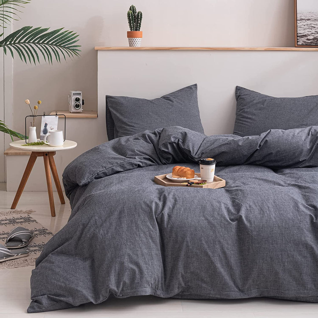 Husă de confort 100% bumbac spălat, aspect natural șifonat, cu închidere cu fermoar și legături de colț, gri, dimensiune Queen/King