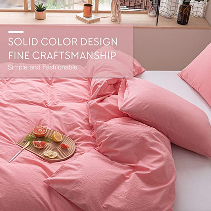 100% Washed Cotton Comforter Cover, Natural Wrinkled Look with Zipper Closure & Corner Ties, Pink, Queen/King Size