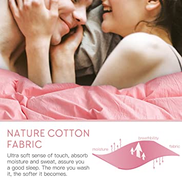 100% Washed Cotton Comforter Cover, Natural Wrinkled Look with Zipper Closure & Corner Ties, Pink, Queen/King Size