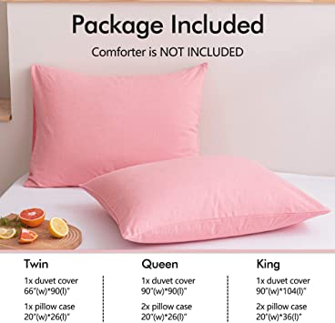 100% Washed Cotton Comforter Cover, Natural Wrinkled Look with Zipper Closure & Corner Ties, Pink, Queen/King Size