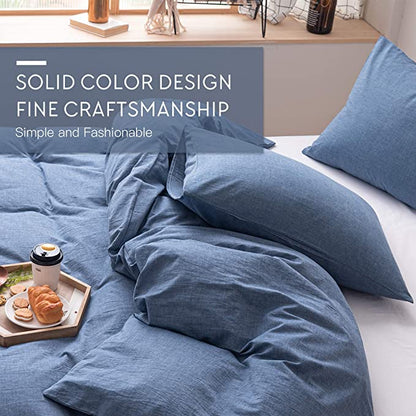 100% Washed Cotton Comforter Cover, Natural Wrinkled Look with Zipper Closure & Corner Ties, Blue, Queen/King Size