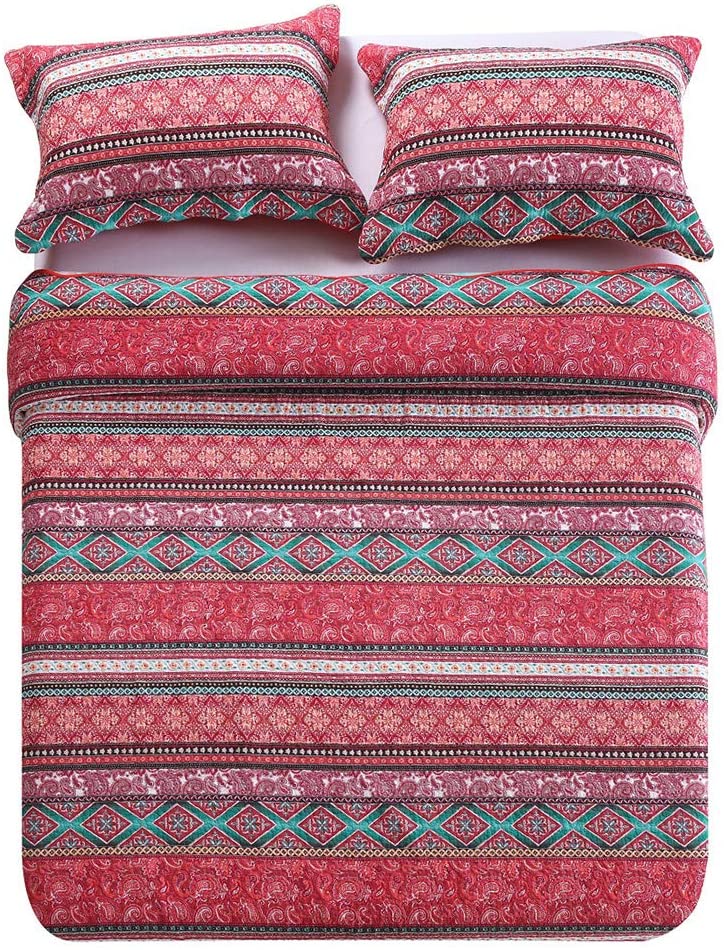Cotton Bedspread Quilt Sets-Reversible Patchwork Coverlet Set, Striped Bohemian Pattern,Full Size