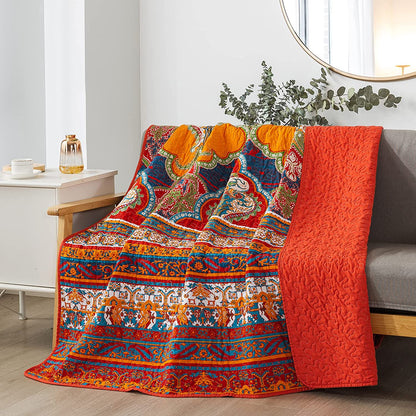 Quilted Throw Blanket for Bed Couch Sofa, European Boho Floral