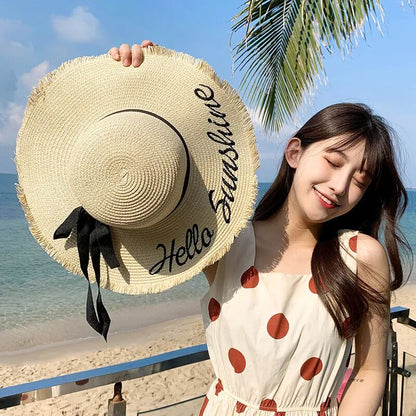 Women Raw Edge Floppy Wide Brim Summer Beach Straw Sun Hat