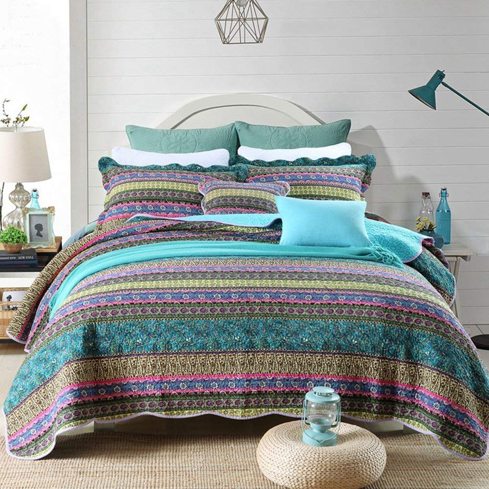 100% Cotton 3-Piece Patchwork Bedspread Quilt Sets in Blue Striped Jacquard Pattern - newlakedown