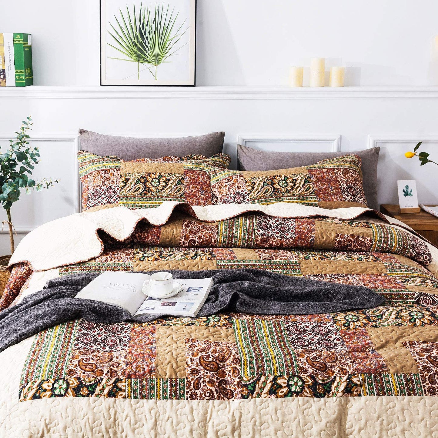 Microfiber Quilt Bedspread Sets-Paisley Garden Pattern Reversible Coverlet Set,Queen Size
