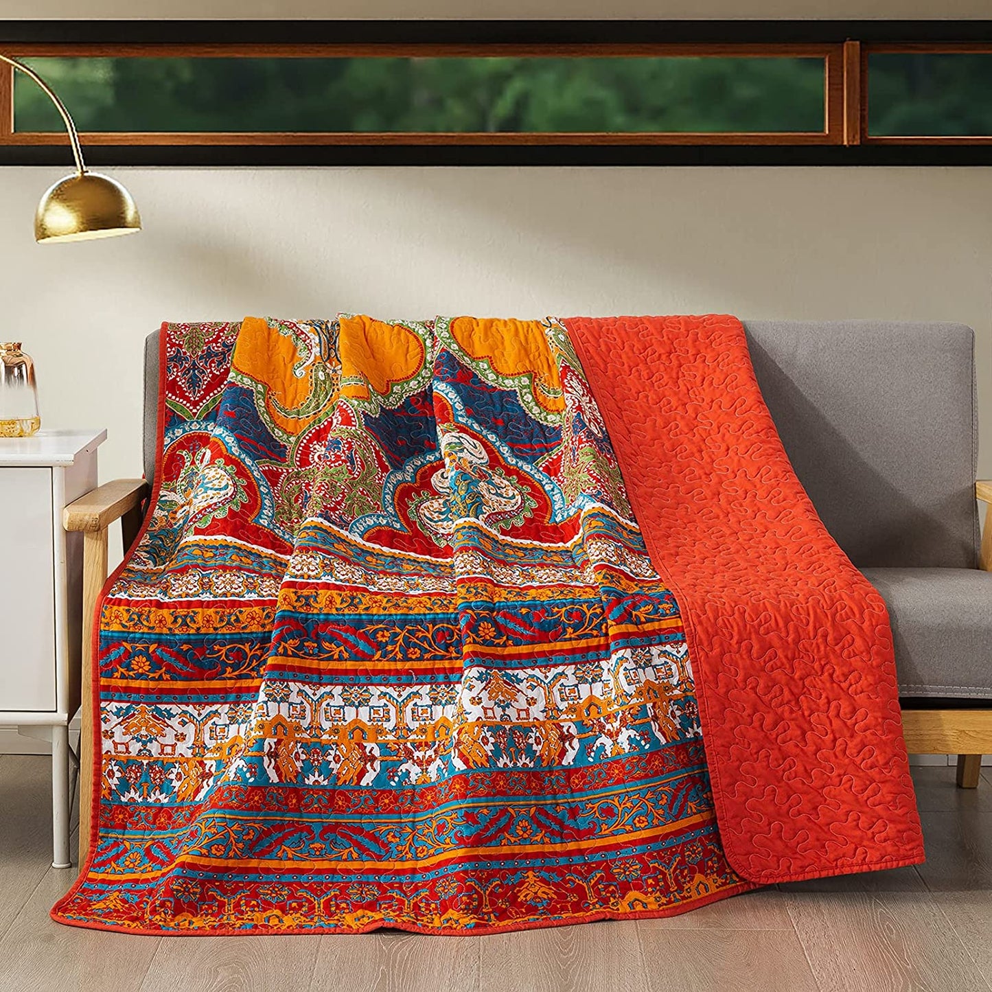Quilted Throw Blanket for Bed Couch Sofa, European Boho Floral