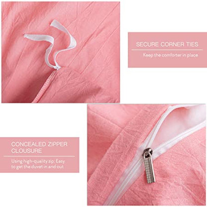 100% Washed Cotton Comforter Cover, Natural Wrinkled Look with Zipper Closure & Corner Ties, Pink, Queen/King Size