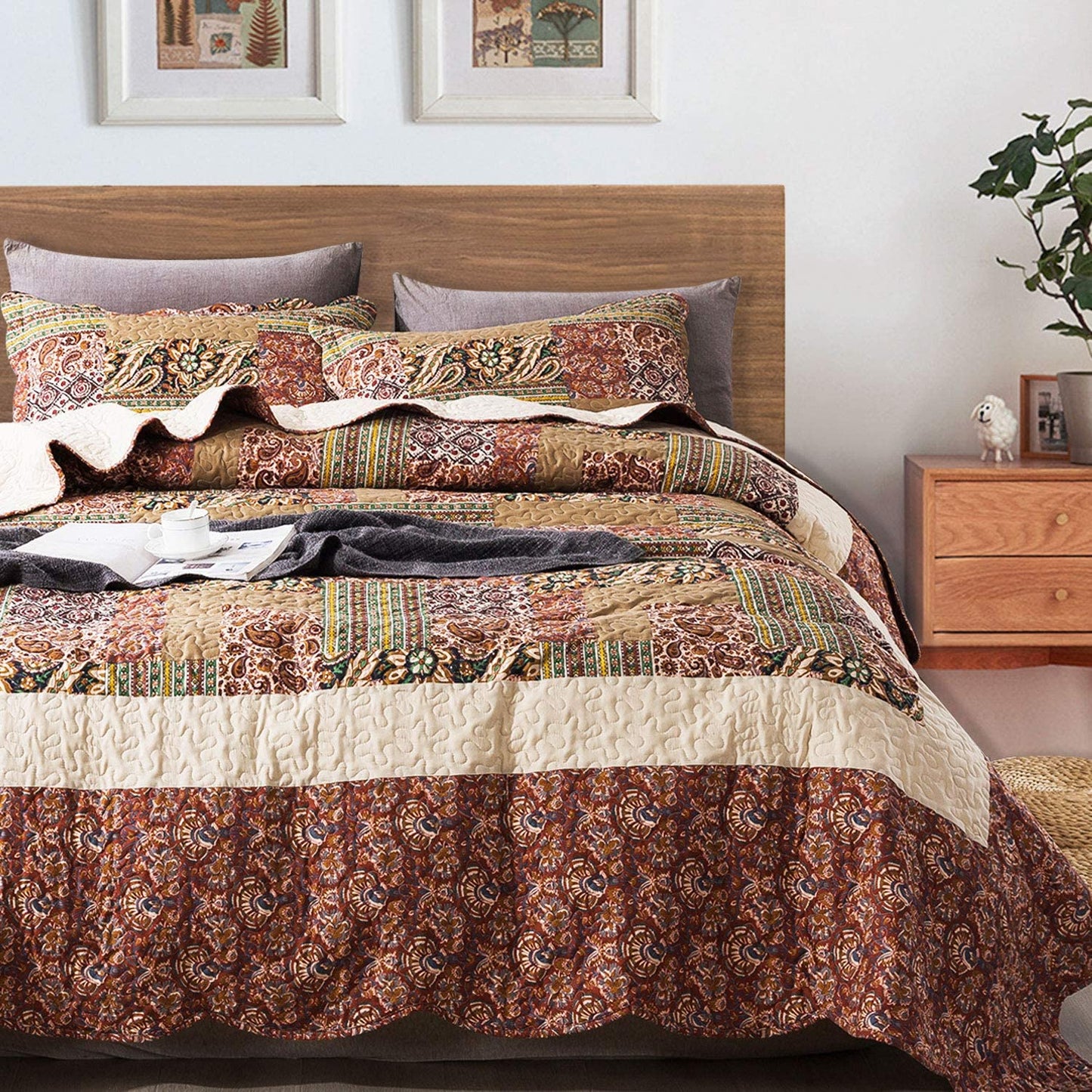 Microfiber Quilt Bedspread Sets-Paisley Garden Pattern Reversible Coverlet Set,Queen Size