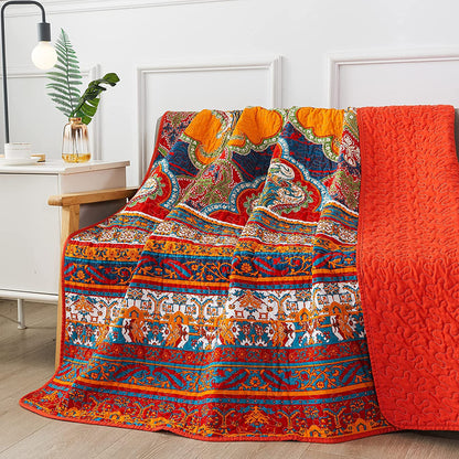 Quilted Throw Blanket for Bed Couch Sofa, European Boho Floral
