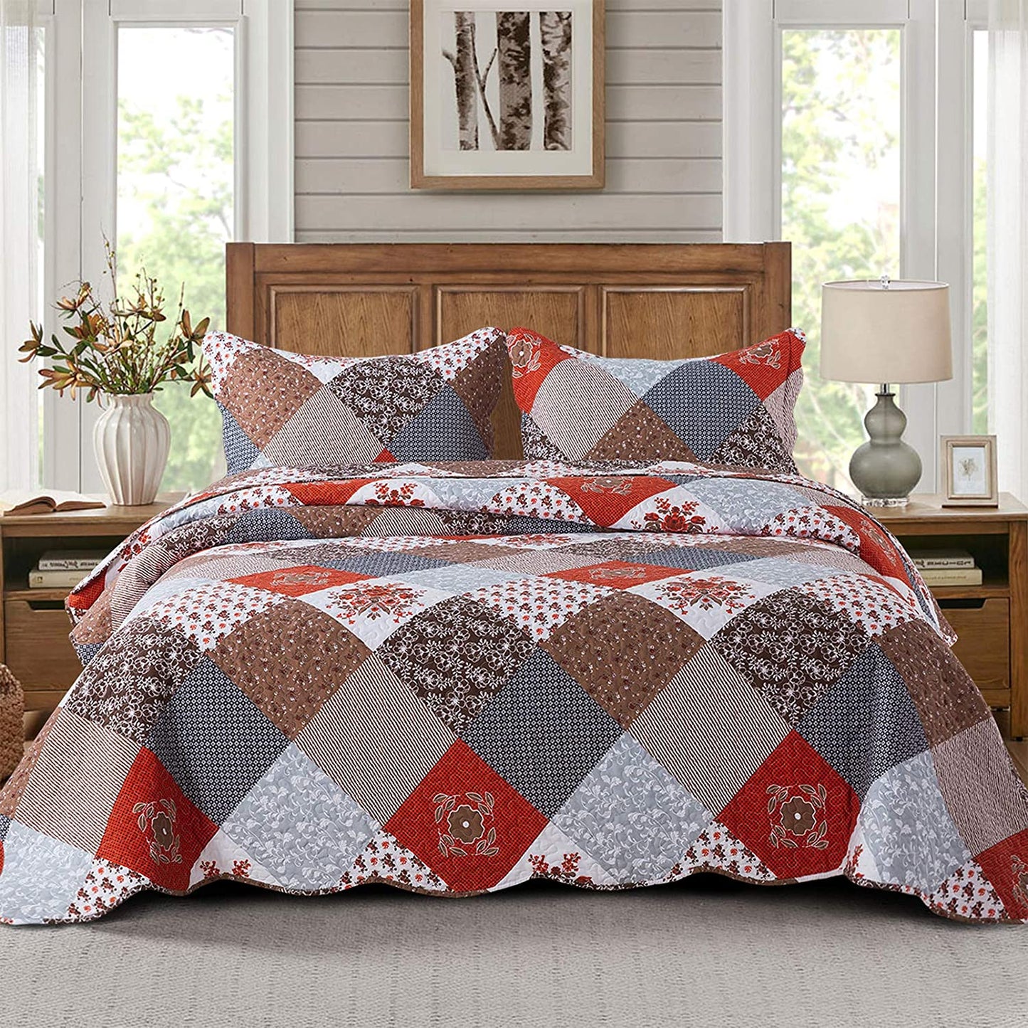 Microfiber Bedspread Quilt Sets Floral Patchwork Lightweight Coverlet Set with Shams Reversible Quilted Bedding Set