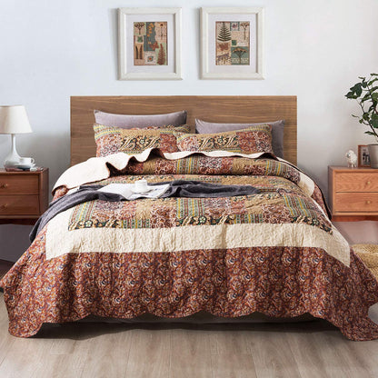 Microfiber Quilt Bedspread Sets-Paisley Garden Pattern Reversible Coverlet Set,Queen Size