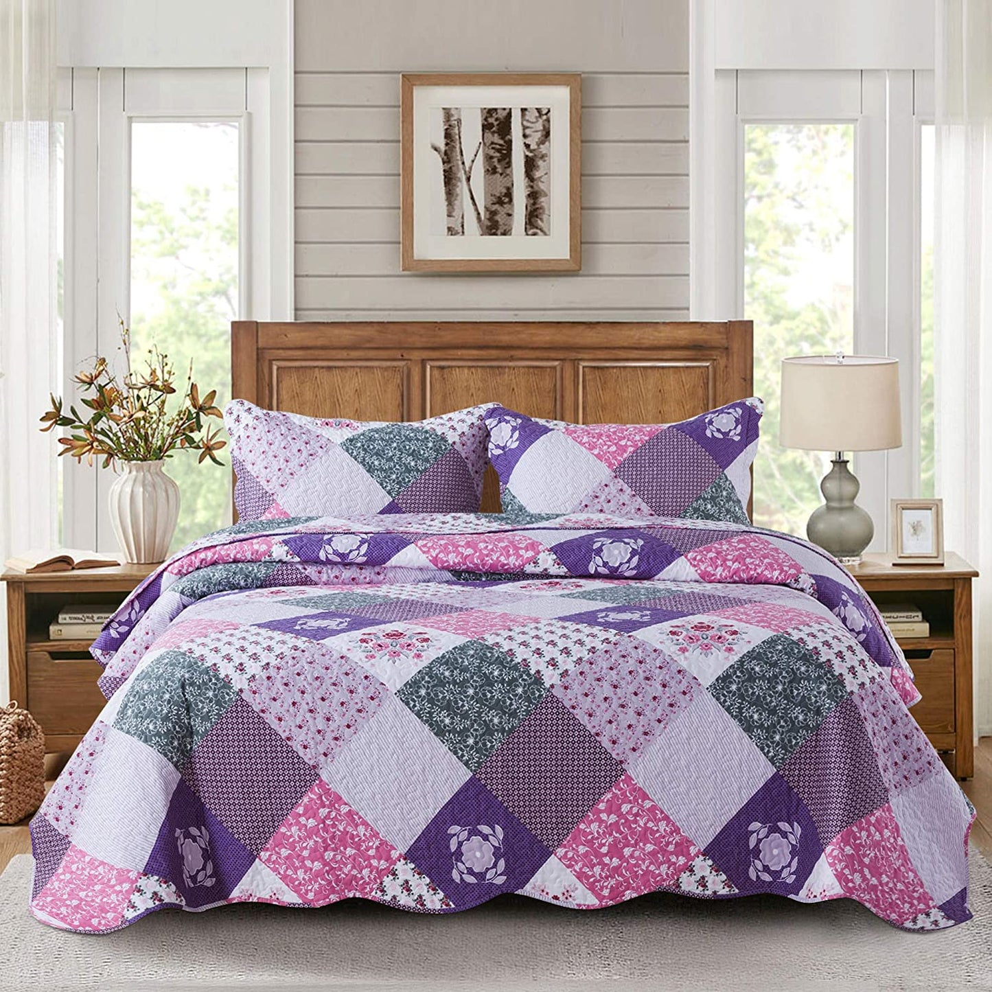 Microfiber Bedspread Quilt Sets Purple Floral Patchwork Lightweight Coverlet Set with Shams Reversible Quilted Bedding Set