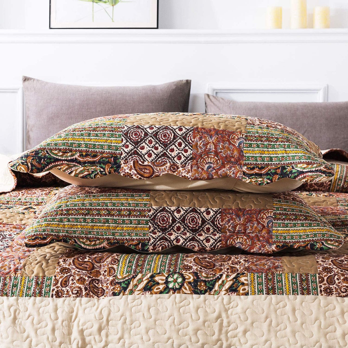 Microfiber Quilt Bedspread Sets-Paisley Garden Pattern Reversible Coverlet Set,Queen Size